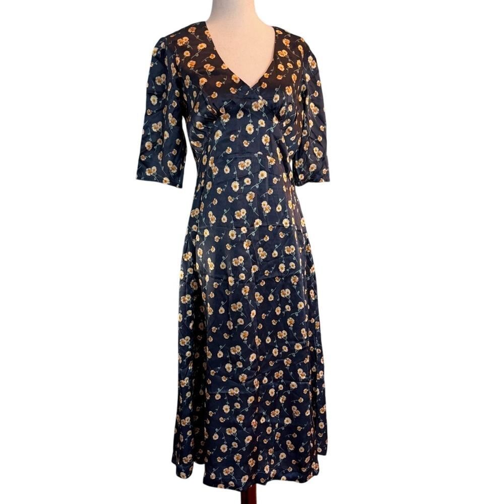 NWOT Really Wild Midi Dress 100% SILK Dress Blue w/ Floral Fully Lined UK 8 US 2